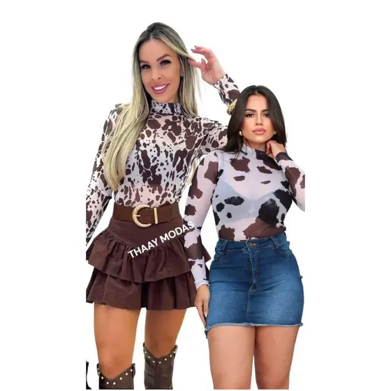 Kit Body Tule Feminino Liso e Estampado, Body Feminnino Animal Print Transparente Manga Longa Slim Fit, Body Cow Print