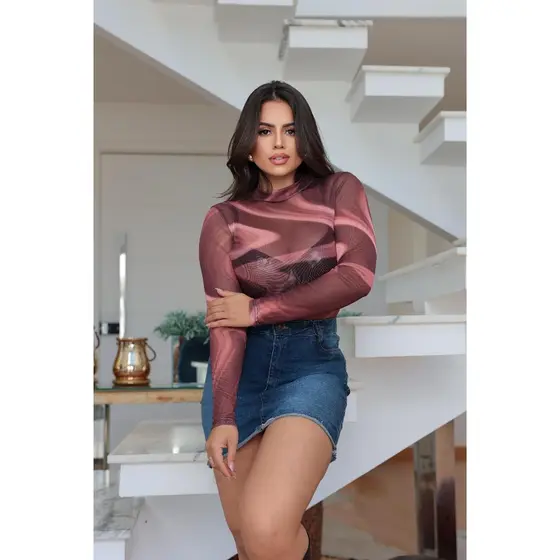 Body Feminino Tule Transparente, Body Animal Pint Tule Manga Longa Gola Alta Estampado