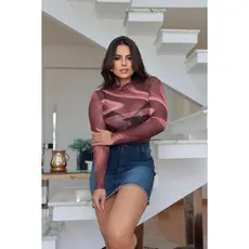 Body Feminino Tule Transparente, Body Animal Pint Tule Manga Longa Gola Alta Estampado