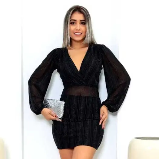 Vestido Midi Tubinho em Tule Lurex Manga Longa, Vestido Feminino Moda Gringa Balada, Vestido Feminino Luxuoso Sensual