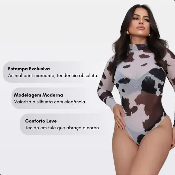 Body Em Tule Slim Fit Estampados Leve Gola Alta Manga Longa,Body Feminino, Body Animal Print Tule Manga Longa