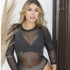 Body Feminino Tule com Pedrarias Manga Longa Estilo Gringa Transparente Elegante Tendência