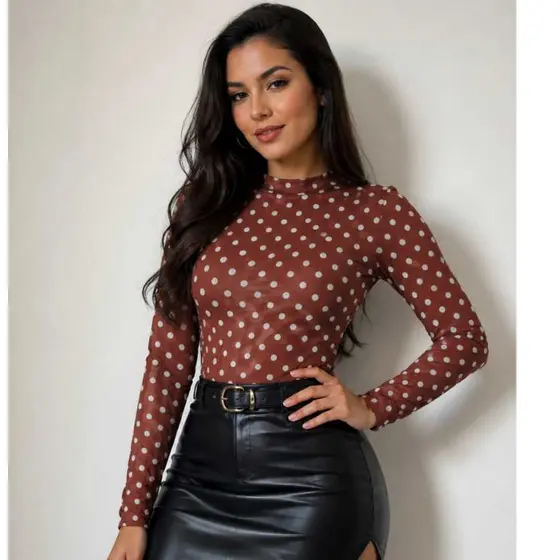 Body Tule Feminino Estampa Poá Bolinhas Manga longa Transparente