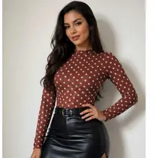 Body Tule Feminino Estampa Poá Bolinhas Manga longa Transparente
