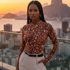 Body de Tule Estampa Bambi Gola Alta Moda Feminina Manga Longa Transparente Tendência
