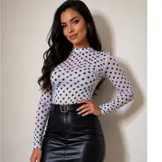 Body Tule Estampa Poá Transparente Bolinhas Manga Longa em Poliéster com Elastano para Looks Modernos e Elegantes