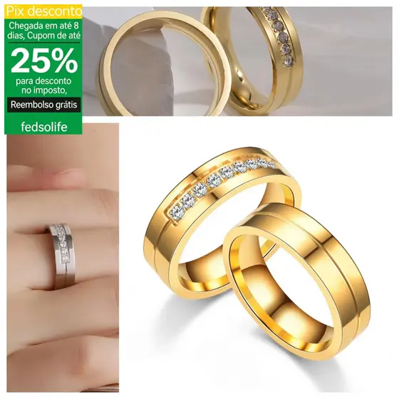 Fedsolife Anéis de Casal de Aço Titânio - Com Diamante e Zircônio - Jóias Pareadas