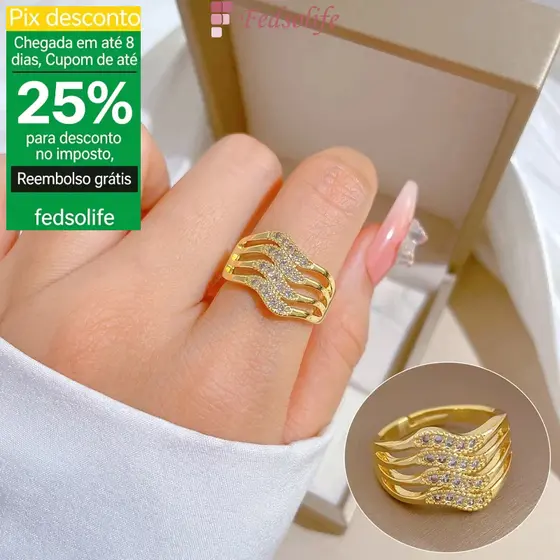 Anel Fedsolife ajustável banhado a ouro com zircônia de quatro camadas elegante e simples