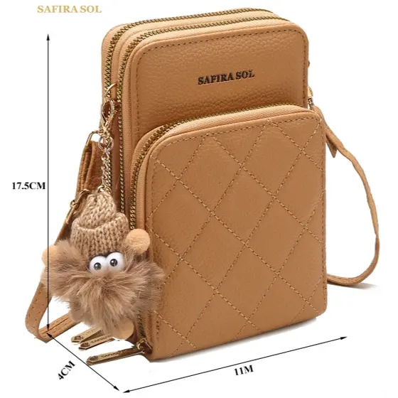 Bolsa Transversal Feminina Porta Celular com 3 Divisorias Transversal 3 Ziper com chaveiro LT632