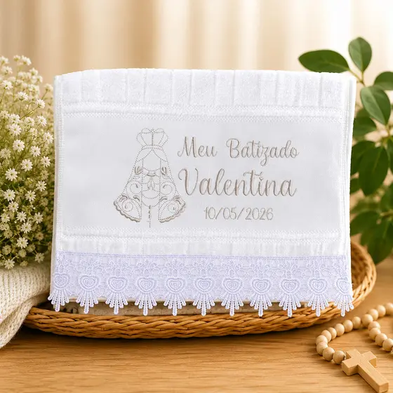 Toalha de Batizado Nossa Senhora Bordada Personalizada Nome