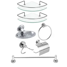 Kit Acessórios Banheiro 5 Peças Inox + 2 Porta Shampoo Canto Suporte Cantoneira Vidro Incolor Box
