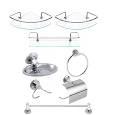 Kit Acessórios Inox 5 Peças Banheiro Completo + 2 Porta Shampoo Canto + 1 Porta Shampoo Suporte Reto Organizador Incolor
