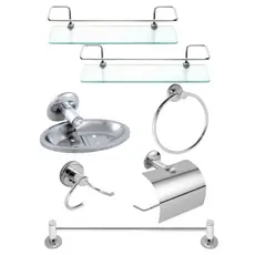 Kit Acessórios 5 Peças Completo Banheiro Inox + 2 Porta Shampoo Prateleira Suporte Reto Vidro Incolor Organizador