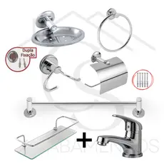 Kit de Acessórios Banheiro Completo Cromado com Torneira Abs Monoup Porta Shampoo Organizador Box