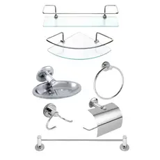 Kit Acessórios 5 Peças Banheiro Inox + Porta Shampoo Canto Reto Suporte Vidro Temperado