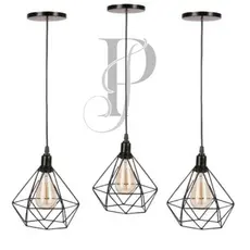 Kit 3 Pendente Aramado Diamante Luminária Lustre Teto Retro Industrial Cabo 1m Moderno preto