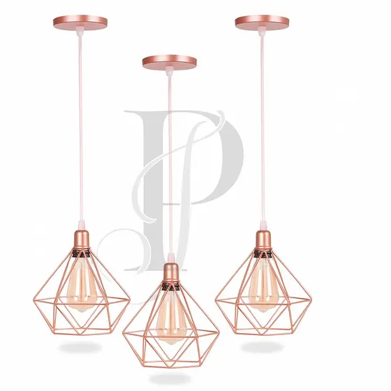 Kit 3 Lustre Pendentes Diamante Luminárias de Teto Cabo Regulável Modelo Diamante Rose Gold