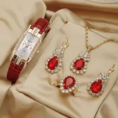 Conjunto Feminino Relógio Feminino Colar Brincos Anel Set Moda Pulseira De Couro Relógio De Quartzo Feminino