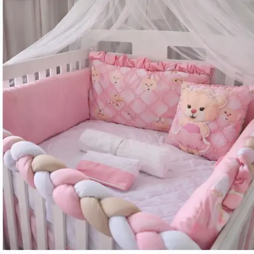 Kit Berço Americano Sublimado Princesa Ursa Pérola Rosa Menina Enxoval De Quarto Completo 10Pç Bege