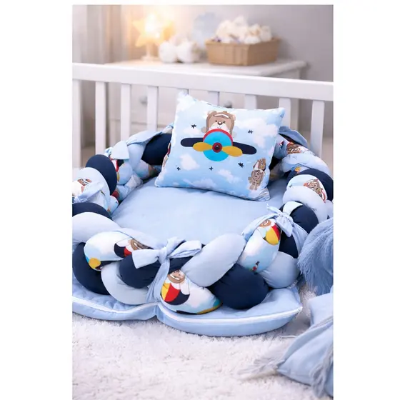 Kit Ninho + Almofada de Amamentar Urso Aviador Azul Menino Infantil Enxoval bebe