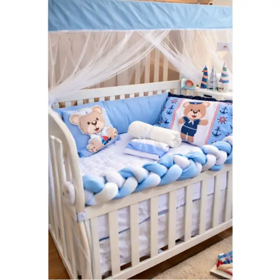 Kit Berço Sublimado Urso Marinheiro Azul Enxoval Para Menino Decorativo Quarto Completo 10 peças