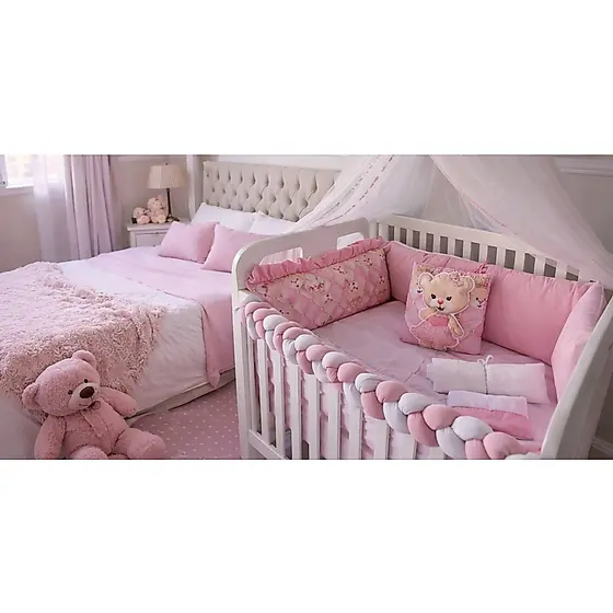 Kit Berço Americano Sublimado Princesa Ursa Pérola Rosa Menina Enxoval De Quarto Completo 10 Peças