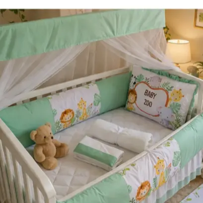 Kit Berço Sublimado Baby Zoo Safari Verde Animais Enxoval Infantil Decorativo Leão Girafa Elefante