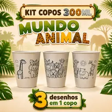 Kit 10 a 50 Copos para Colorir 300ml - ANIMAL KIDS Lembrancinhas Brinde Festa Infantil Aniversário 🐯