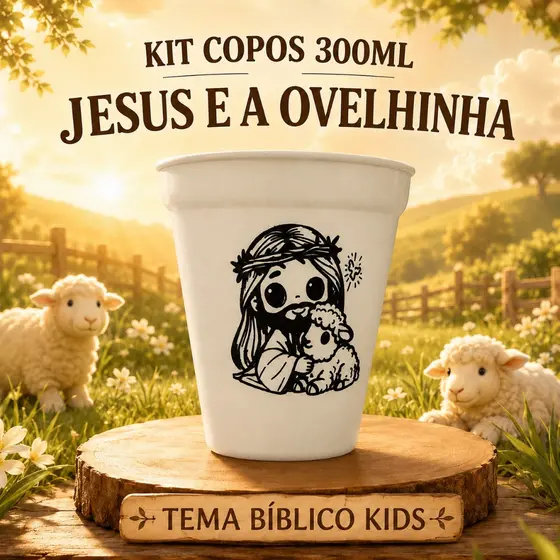 Kit de 10 a 50 Copos para Colorir Temas Bíblicos – Jesus e Ovelhinha, 300ml, Brindes Infantis, Cristãos 🕊️
