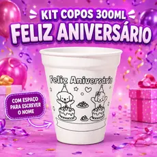 Kit de 10 a 50 Copos para Colorir Feliz Aniversário – Com Espaço para Nome, 300ml, Brindes, Presente,  🧡