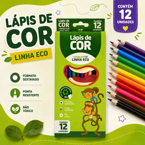 Lápis de Cor Leo&Leo Linha Eco 12 Cores Kit 4 8 12 16 Caixas Atacado Escolar Infantil Não Tóxico