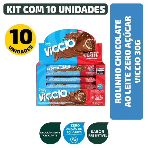 Kit Rolinho Chocolate Ao Leite Zero Açúcar Viccio 30G - 10 Unidades