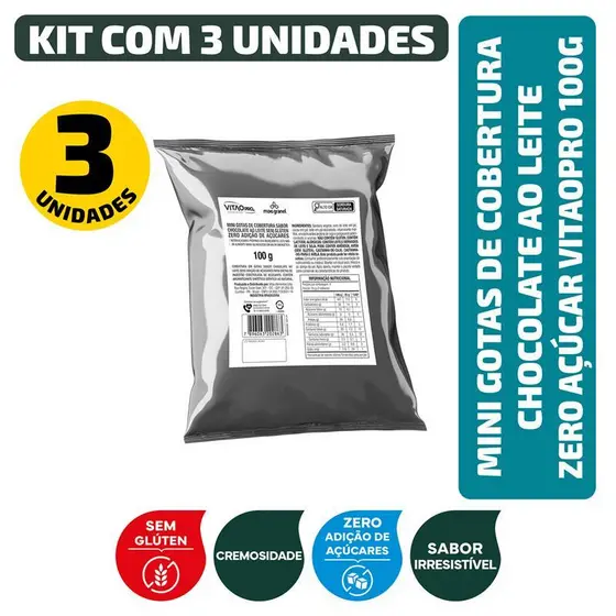 Kit Mini Gotas de Cobertura sabor Chocolate ao Leite Zero Açúcar VitaoPRO 100g - 3 Unidades