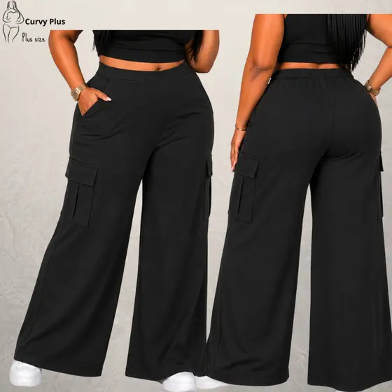 Calça Cargo Plus Size 4 bolsos Wide leg Pantalona Calça Alfaiataria Calça pantalona Feminina Calça Pantalona Plus Size