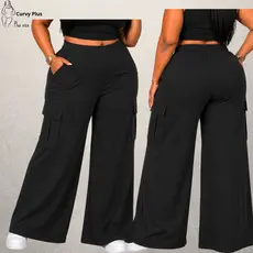Calça Cargo Plus Size 4 bolsos Wide leg Pantalona Calça Alfaiataria Calça pantalona Feminina Calça Pantalona Plus Size