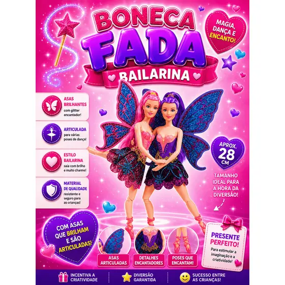 Boneca Bailarina Fada Com Asas Grande c/ Escovinha de Cabelo