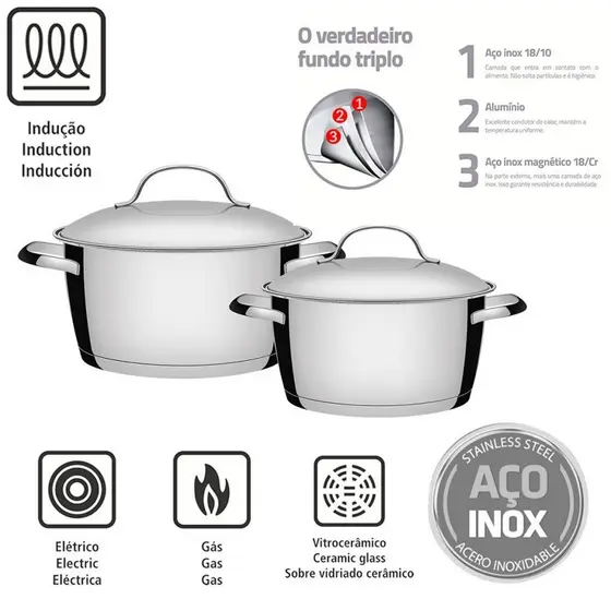 Jogo de Panelas Tramontina Allegra em Aço Inox com Fundo Triplo - 2 Peças
