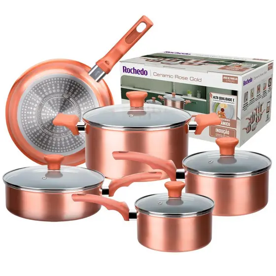 Jogo de Panelas Indução Rochedo Ceramic Rose Gold com Revestimento Antiaderente 5 peças