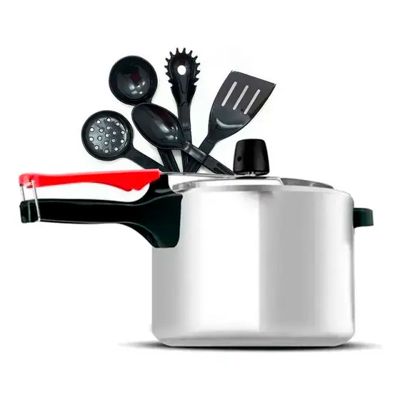Panela Pressão 4 Litros Polida Clock com Conjunto de Utensílios 5 Peças Preto