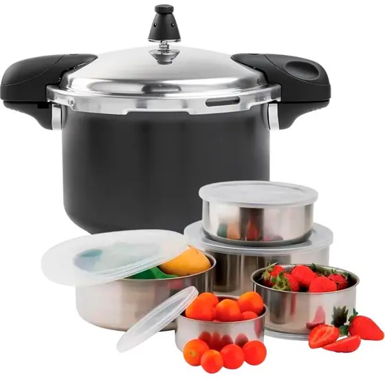 Panela de Pressão Indução 5.4L Brinox Pressure Revestimento Cerâmico c/ Jogo de 5 Potes em Aço Inox