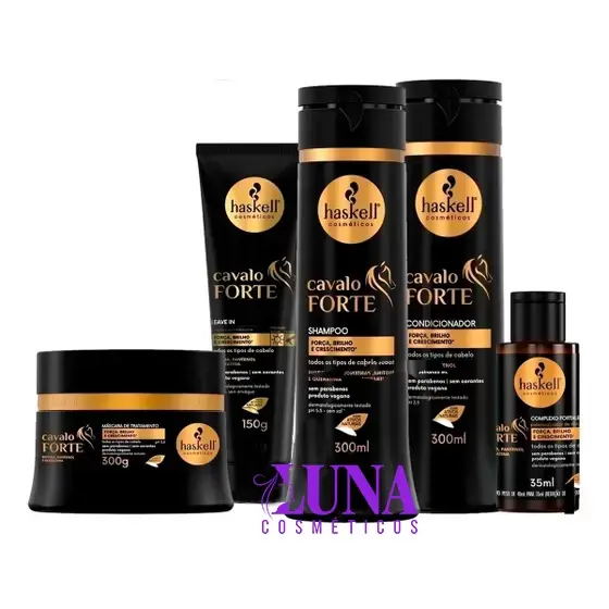 Kit Haskell Cavalo Forte 5 iten Shampoo 300 Condicionador 300 Mascara 300 Complexo 35ml Leavein 150