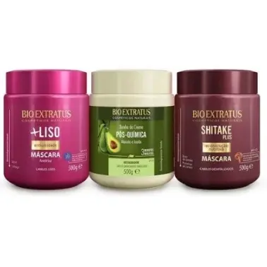 Kit Cronograma Capilar Cabelos Lisos 500g +Lisos -Pós Quim.-Shitake -BIO EXTRATUS