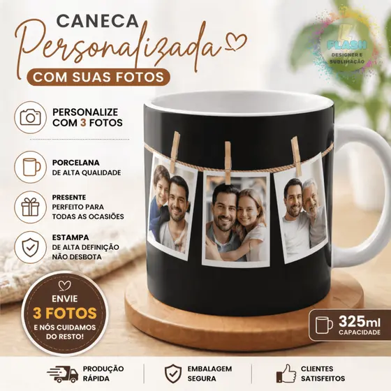 Caneca com Foto Personalizada 325ml – Presente Criativo (3 Fotos)