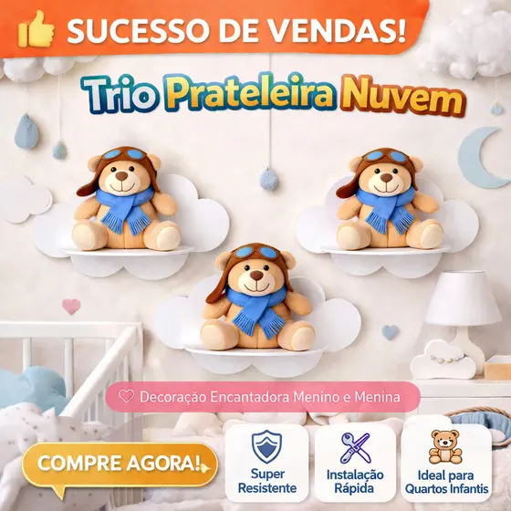 Kit 3 Prateleiras Nuvem MDF Decoração Bebê, Infantil, Menino e Menina