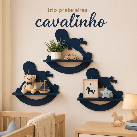 Kit 3 Prateleiras Cavalinho MDF Decoração Quarto Infantil Bebê Nicho Parede Quarto Menino Menina