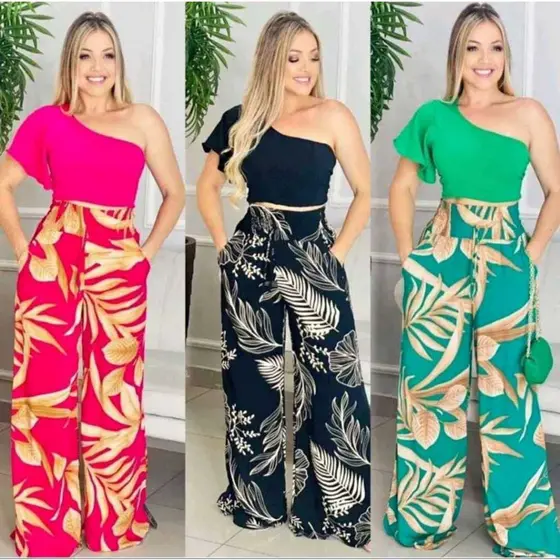 Calça Feminina Pantalona Estampada Duna Elástico Na Cintura Con Bolso Na Frente