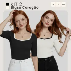 Kit 2 Blusa Feminina Decote Coração Manga Curta Tecido Anarruga Premium M ao GG