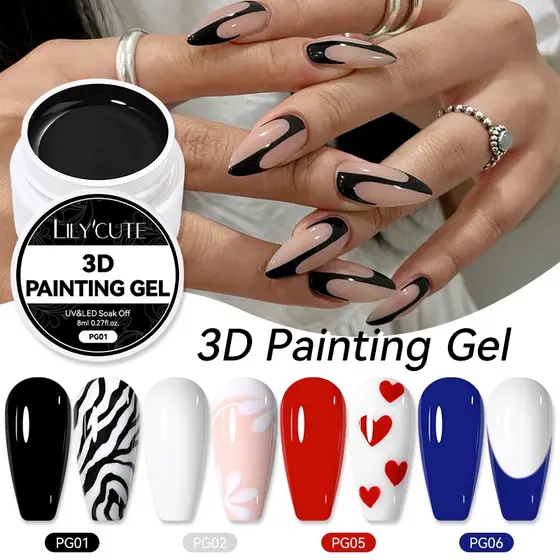LILY'CUTE 8ml Pintura 3D Unhas Gel Branco Preto Cor Patting Multifuncional Nail DIY Art UV LED Sem Limpeza Manicure