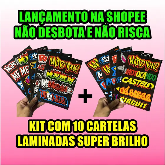 KIT 10 CARTELAS DE ADESIVOS LAMINADAS NÃO RISCA E NÃO DESBOTA LANÇAMENTO ALTA QUALIDADE MOTO CAPACETE BIKE CARRO 16/26