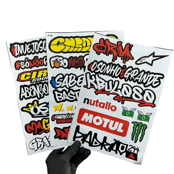 Kit 3 Cartelas Adesivos Vinil Laminado 30x20cm à Prova D’Água, Não Desbota e Alto Brilho Moto Carro Bike Capacete
